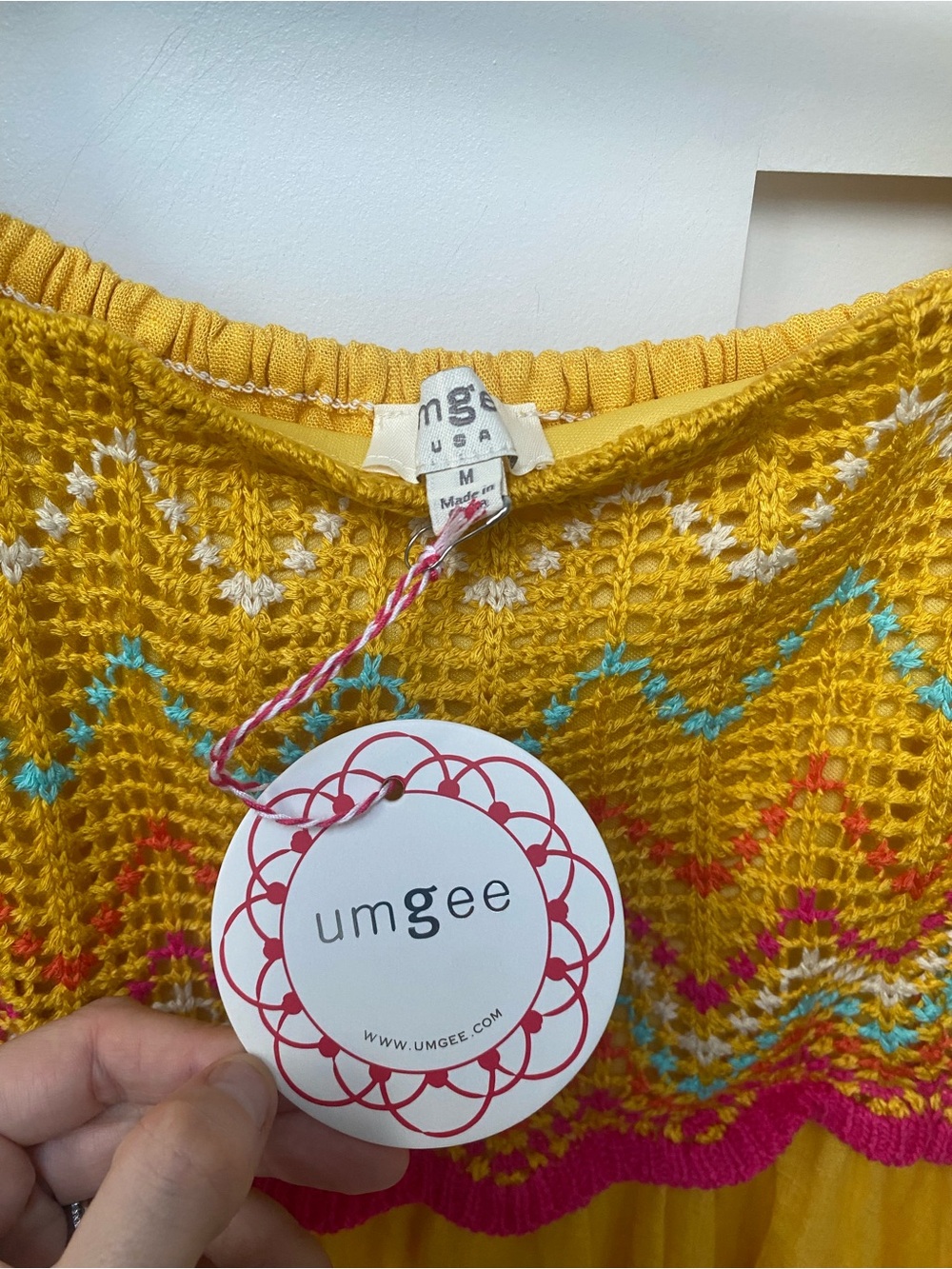 Umgee Mustard Smocked Mini Dress with Pink Trim - Picture 4 of 7